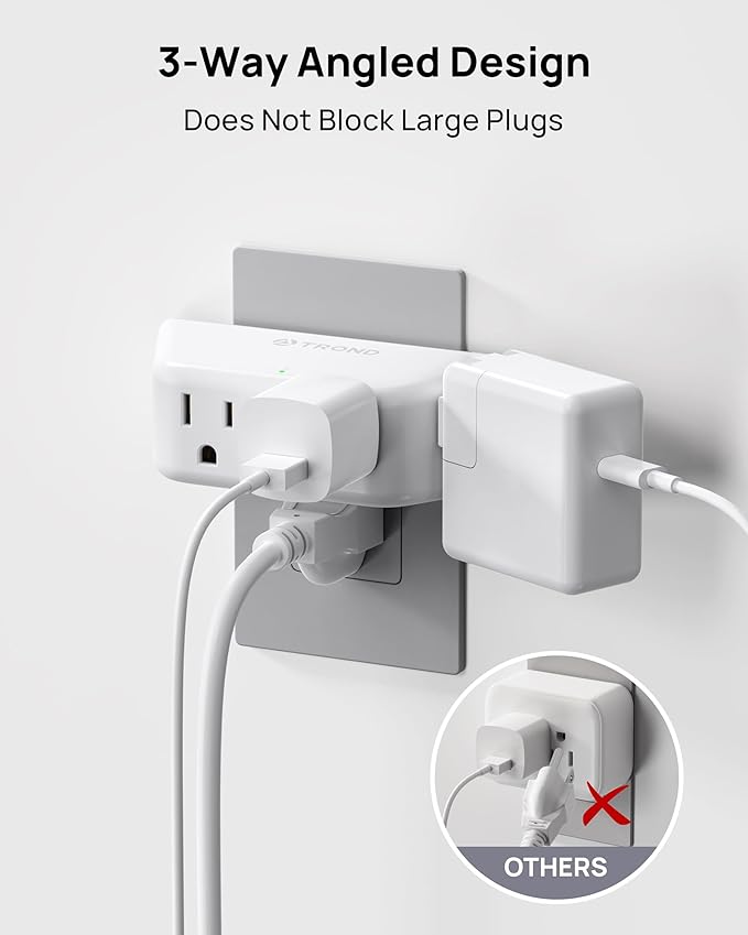 TROND Outlet Extender Surge Protector - Multi Plug Wall Outlet with 4 Grounded Sockets, 3 Way Angled Plug Adapter, 900J, Electrical Wall Splitter for Bathroom Kitchen Office, White