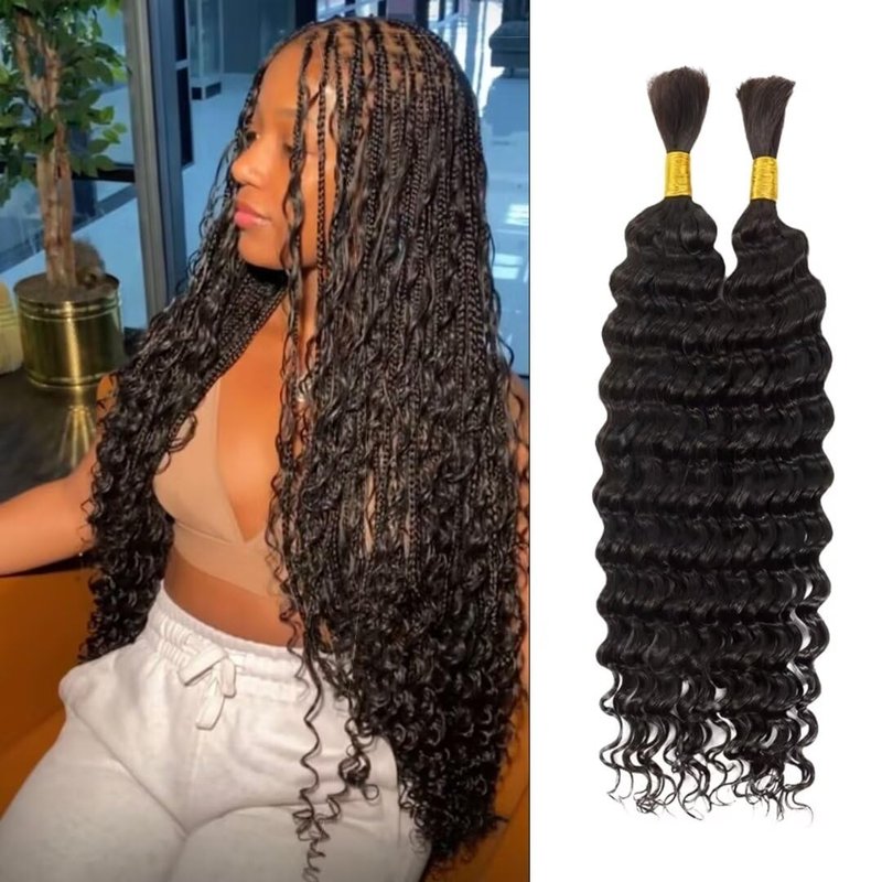 Human Braiding Hair - 100% Virgin Deep Wave Bulk Extensions | 22 Inch, Natural Black, 2 Bundles