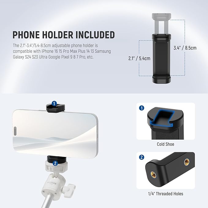 NEEWER Basics Mini Desk Selfie Stick Tripod Compatible with iPhone GoPro Insta360 DJI, Portable Small Camera Webcam Android Cell Phone Holder Ball Head Elevated Axis Video Recording Stand, TP43 White