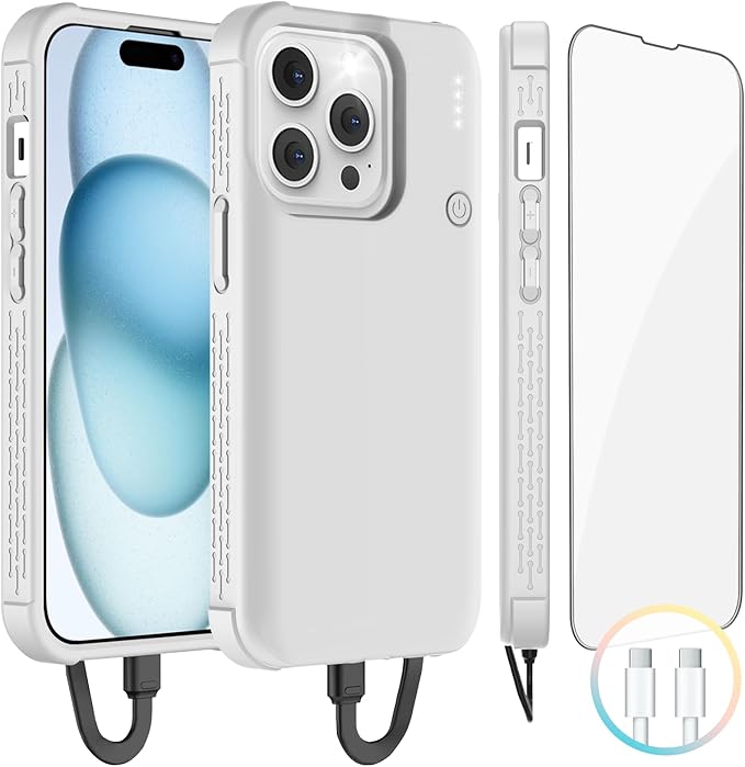 GIN FOXI Battery Case for iPhone 15 Pro Max/15 Plus, Charging Case Charger 7000mAh Portable Rechargeable Cover 15W Fast Ultra Slim Extended Battery Pack Juice Box Built-in Cable,Grey(6.7”)