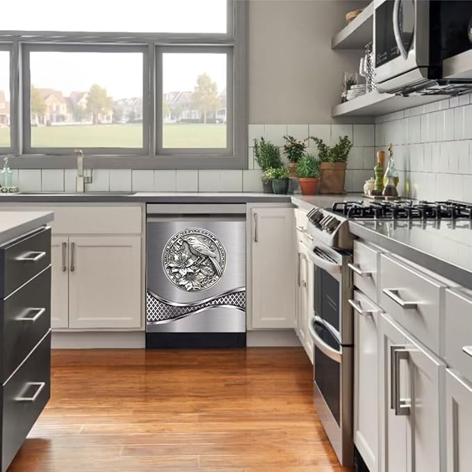 Stainless Steel Design Bird Pattern Dishwasher Magnet Cover Sticker,Refrigerator Magnet Cover Decal Fridge Microwave Stickers Kitchen Decor,23 x 17 Inch