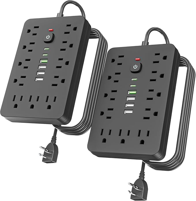 JouleLoom 2PCS 5 FT Flat Plug Surge Protector Power Strip,11 Multiple AC Outlets with 6 USB Ports (2 USB C), 5 Feet Extension Cord, 1250W/10A, One Touch Switch Button, 17 in 1 Compact powerstrip
