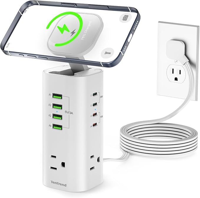 160W Fast Charging Station, TenTrend Tower Power Strip Surge Protector with 3 AC Outlets & 8 USB Ports (4 USB-C), 5 FT Flat Plug Extension Cord with Multiple Outlets for Home Office Dorm Room