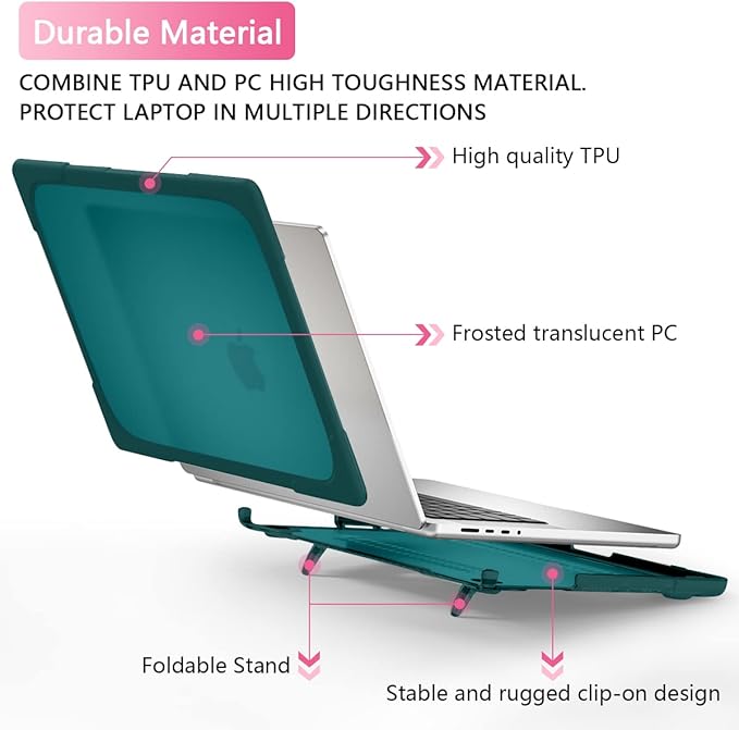 Batianda Heavy Duty Case for New MacBook Pro 16 inch 2026 M5 2024 M4 2023 M3 2021 M2 Pro Max - Ergonomic Foldable Kickstand (Holds 22lbs/Zero Wobble) Matte Translucent Rugged Armor Cover, Dark Teal