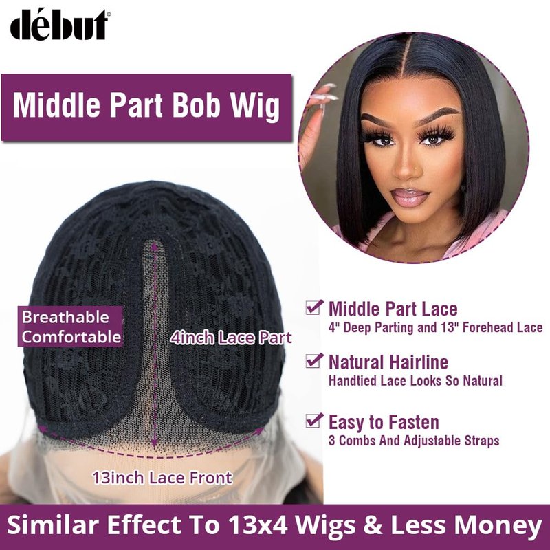 DÉBUT Human Hair Bob Wig 13x4x1 T Part Lace Front Wigs Short Bob 8 Inches Middle Part Wigs Brazilian Virgin Straight Hair Natural Color for Black Women