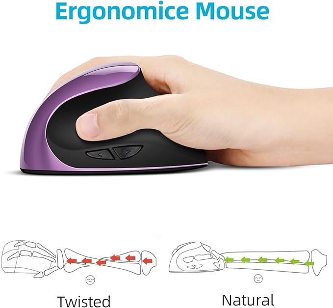 Woddlffy Ergonomic Mouse Wireless,Vertical Mouse with Silent Click Right Handed Small Mouses with 6 Buttons 1000/1200/1600 for Laptop,Desktop,PC, MacBook（Purple AA）