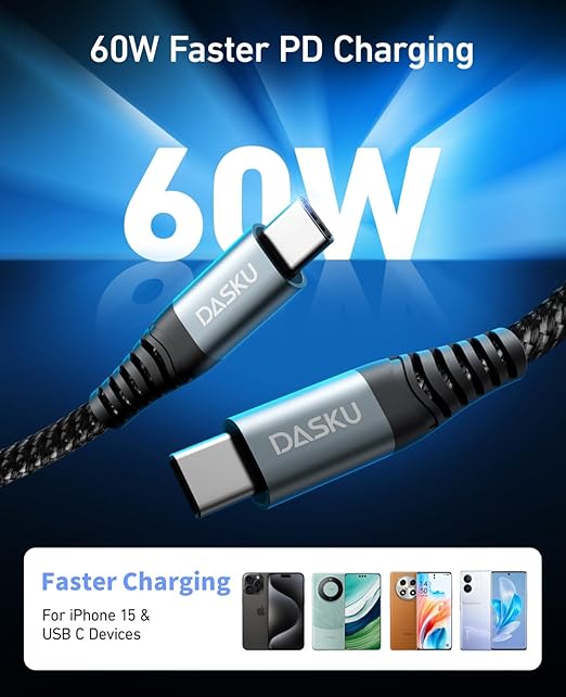 Dasku USB C to USB C Cable, 5 Pack [3/6/6/10/10FT] Charger Cable 60 W Fast Type C Charging Cord for iPhone 17 16 15 Pro Max Plus Samsung S23 Note 20 iPad Pro Air Mini MacBook LG and More