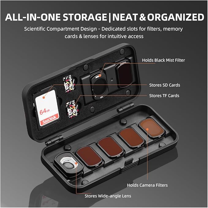 Sinyutia Filter Case for DJI Pocket 4/3, Magnetic Lens Filter Storage Case for DJI Osmo Pocket 3/4 Creator Combo Accessories, ND-UV-CPL Wide Angle Macro Lens TF/SD Card Organizer