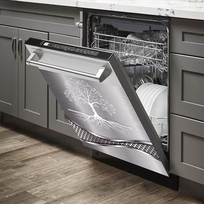 Stainless Steel Design Tree Pattern Dishwasher Magnetic Cover Sticker Refrigerator Door Panel Fridge Appliance Magnet Decal Sheet Kitchen Decor 23x26 inch