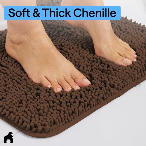 Gorilla Grip Plush Bath Rug Mat - Absorbent Shaggy Chenille for Square Toilet Base | Machine Washable, Soft Microfiber, Brown