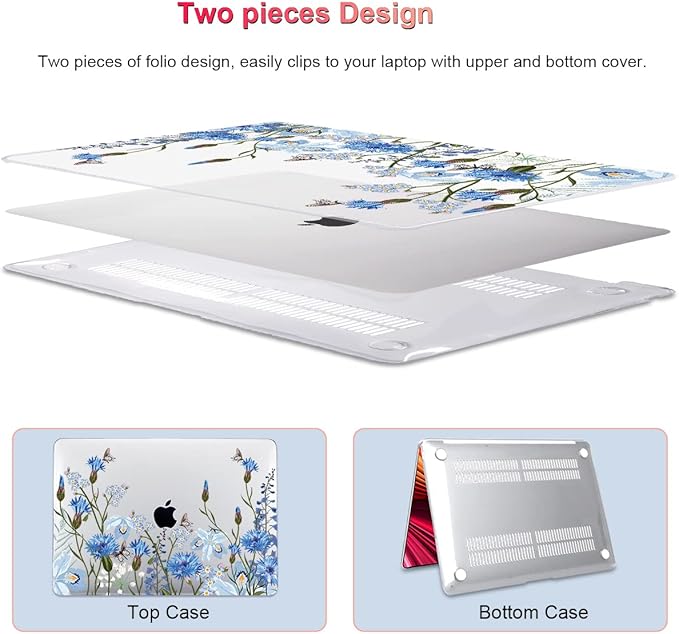 LCMOCICO for MacBook Pro 13 Inch Case 2022 M2 2020 2021 A2338 M1 A2251 A2289 with Touch Bar & Touch ID, Plastic Hard Case Keyboard Cover Screen Protector Webcam Cover Brush, Tropical Blue Flowers