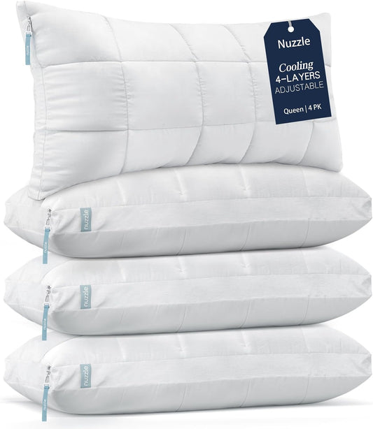 Skiennix Cooling Adjustable Pillows - Luxury Queen Size Set of 4 for Side Sleepers | Soft & Firm Comfort