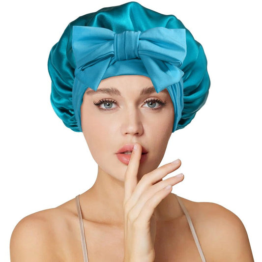 Necole Silk Bonnet for Women 100% Mulberry Silk Sleep Cap 22 Momme Double Layer Hair Wrap for Curly Short Long Hair, Non-Slip Turban with Elastic Tie, Blue