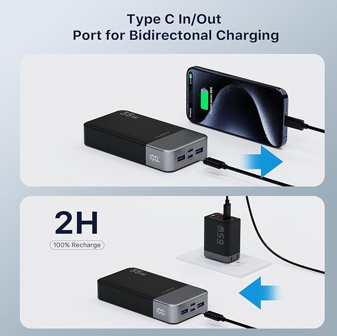 JUOVI Portable Power Bank 20000mAh, 35W Portable Charger, Battery Pack Fast Charging, PD3.0 QC4.0 Phone Battery Pack with LED Display for iPhone 16 15 14, Galaxy, Tablet, Switch, etc
