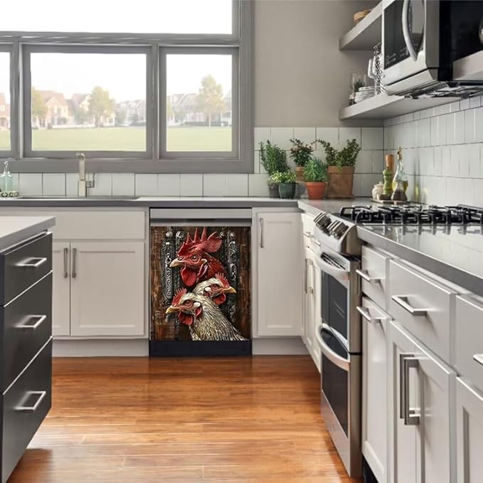 Wood Board and Rooster Pattern Dishwasher Magnet Cover Panel Kitchen Decorative Magnetic Refrigerator Front Door Cover Sticker,23W x 17H inchs