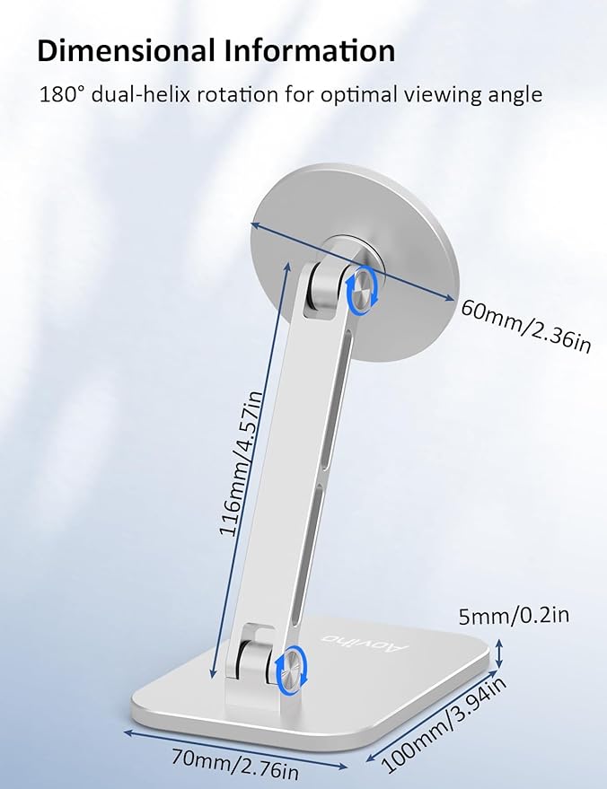 Aoviho Magnetic Phone Stand for MagSafe Adjustable - Aluminum Portable Phone Holder for Desk with 360° Rotating Head Compatible with iPhone 17/16/15/14/13/12 Pro Max and Magnetic Phone Case, Silver