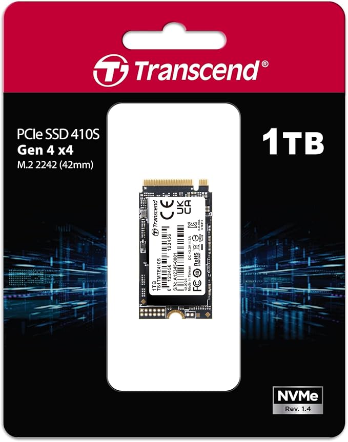 Transcend MTE410 1TB M.2 2242 SSD, Up to 5000MB/s, PCIe Gen4x4 NVMe 3D TLC, for Ultra-Thin Laptops/Lenovo ThinkPad/Yoga Gen 6/ASUS ExpertBook/ZenBook/Mini PC/DRAM-Less Design for Low Power Consumption