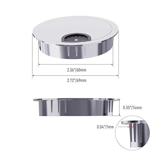 Skweawert 2 Pack Desk Grommet 2-3/8 Inch 60mm, Zinc Alloy Computer Desk Wire Hole Cover, Office Desktop Cord Cable Hole Metal Ring, Silver Tone