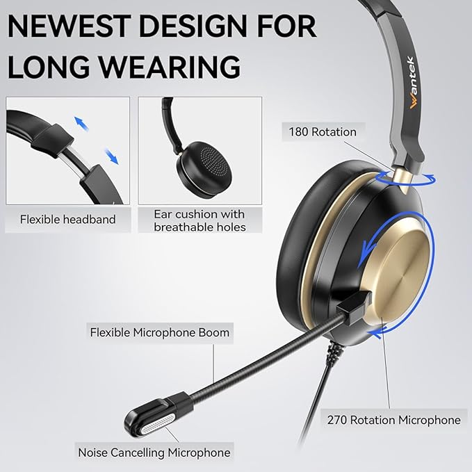 Wantek Headset with Mic, USB Headset with Microphone, Computer Headset with Noise Cancelling Microphone for Laptop PC, Mute in-line Controls