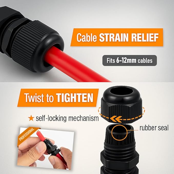 MGI SpeedWare 1/2" NPT Strain Relief Nylon Cord Grip Cable Glands, Black Plastic Grommet 100-Pack