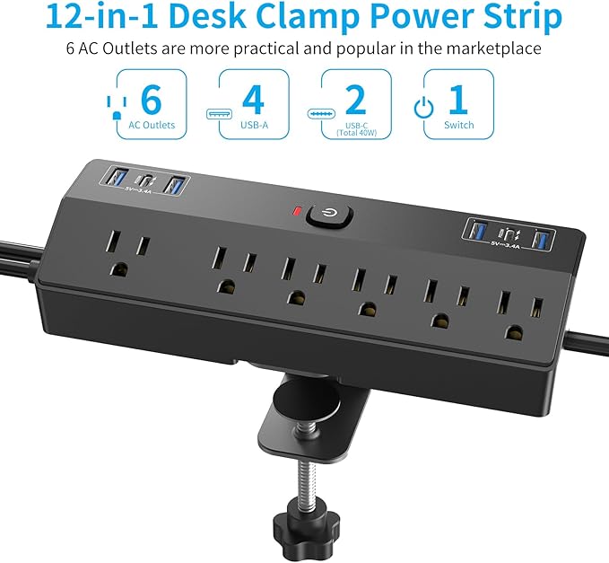 Desk Clamp Power Strip with 40W Fast Charging Station, JXGUCAT 10FT Flat Plug Desk Mount Power Strip Surge Protector, Removable Extension Cord with 2 USB-C Ports 6 Outlets, Fits 1.8" Tabletop Edge