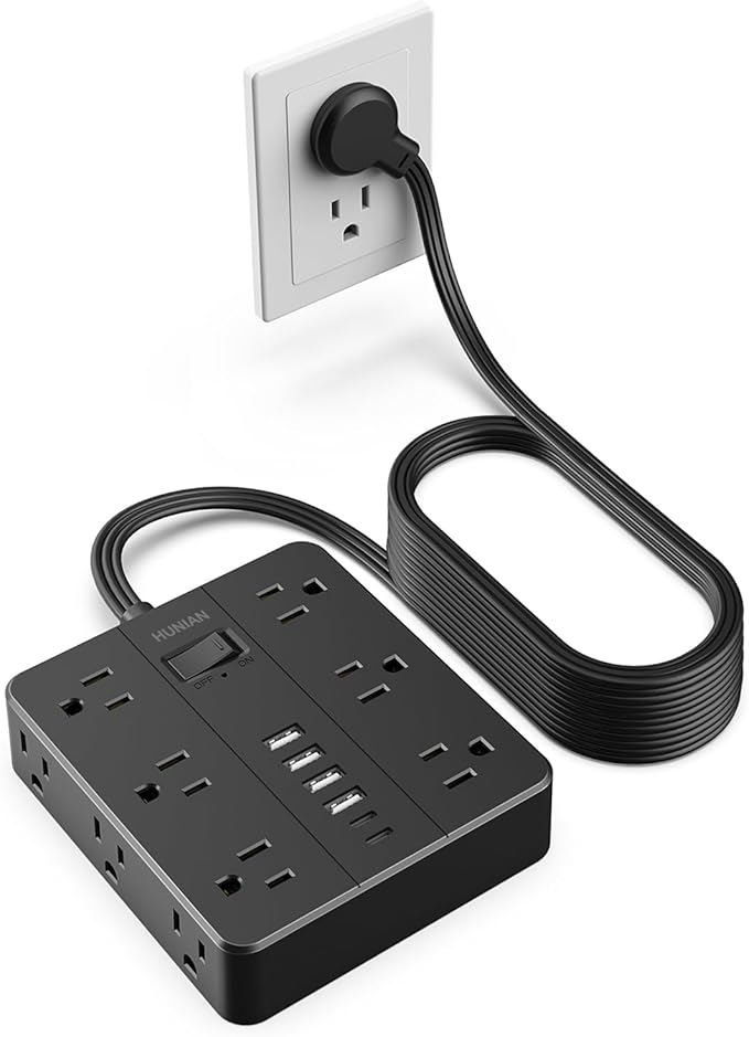 Extension Cord 25 Ft, HUNIAN Flat Plug Power Strip, 12 Widely Spaced Outlets with 6 USB Charger (2 USB C Ports), Desk Charging Station for Home Office Supplies, Dorm Room, Black