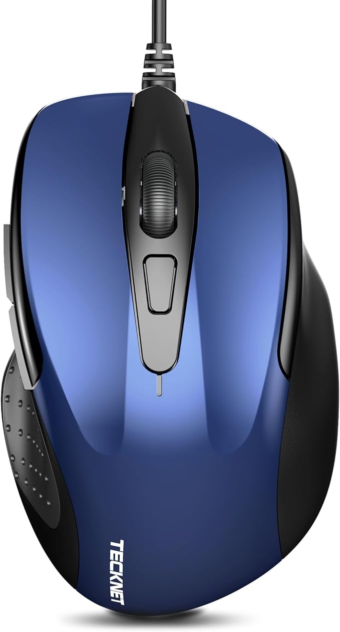 TECKNET USB Wired Mouse, 6-Button Corded Mouse with 2 Adjustable DPI, Optical Computer Mouse with Ergonomic Design and 5FT Cord for Laptop, Chromebook, PC, Desktop, Mac, Notebook-Blue