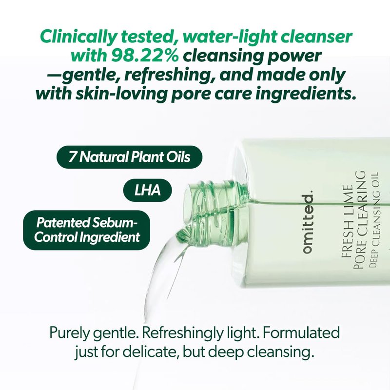 Omitted Fresh Lime Pore Clearing Deep Cleansing Oil (200ml) - Makeup Remover with LHA and Natural 7-Oil Complex, Lightweight Blackhead Cleanser, Korean Skincare, 6.76 fl. oz.