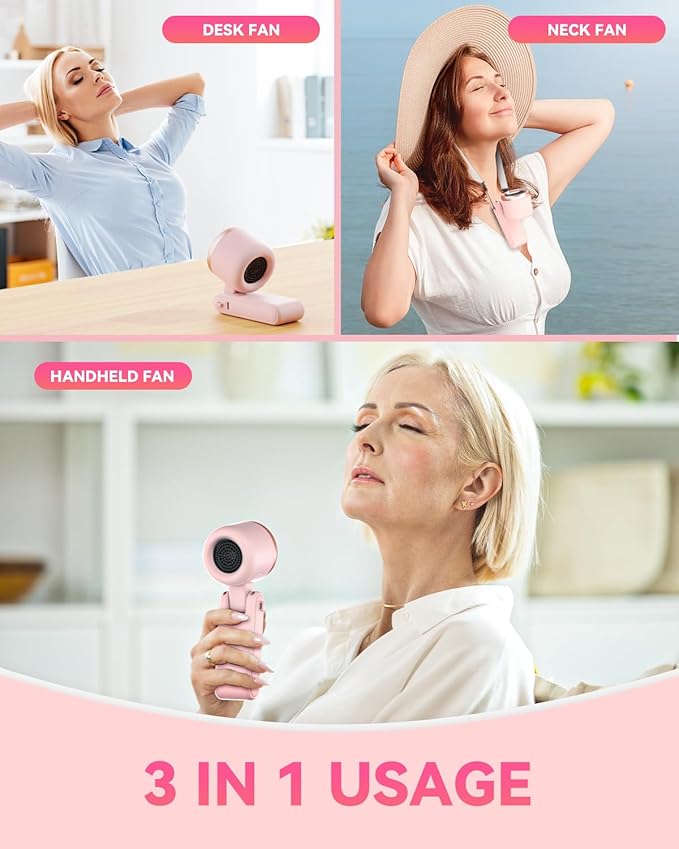 PlayHot Portable Handheld Turbo Fan, 5-Speed Personal Fan, USB-C Rechargeable Fan Up to 12 Hours, 3 IN 1 Hand Fan with Air Turbo Tech Cooling, Travel Fan for Cruise, Beach, Gifts for Women (Pink)