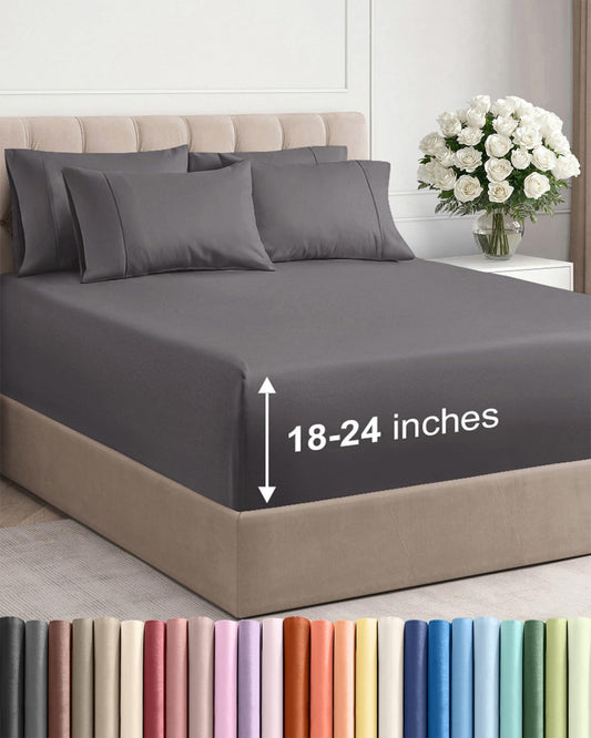 Skiennix Extra Deep King Sheet Set - 6-Piece Breathable Cooling Bedding - Soft, Wrinkle-Free Grey