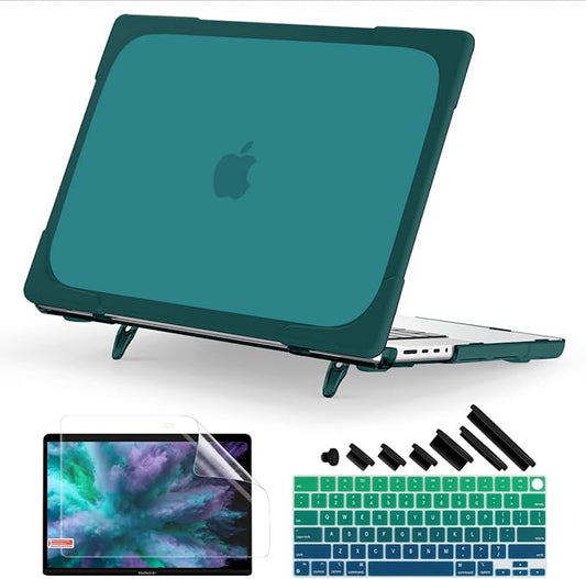 Batianda Heavy Duty Case for New MacBook Pro 16 inch 2026 M5 2024 M4 2023 M3 2021 M2 Pro Max - Ergonomic Foldable Kickstand (Holds 22lbs/Zero Wobble) Matte Translucent Rugged Armor Cover, Dark Teal