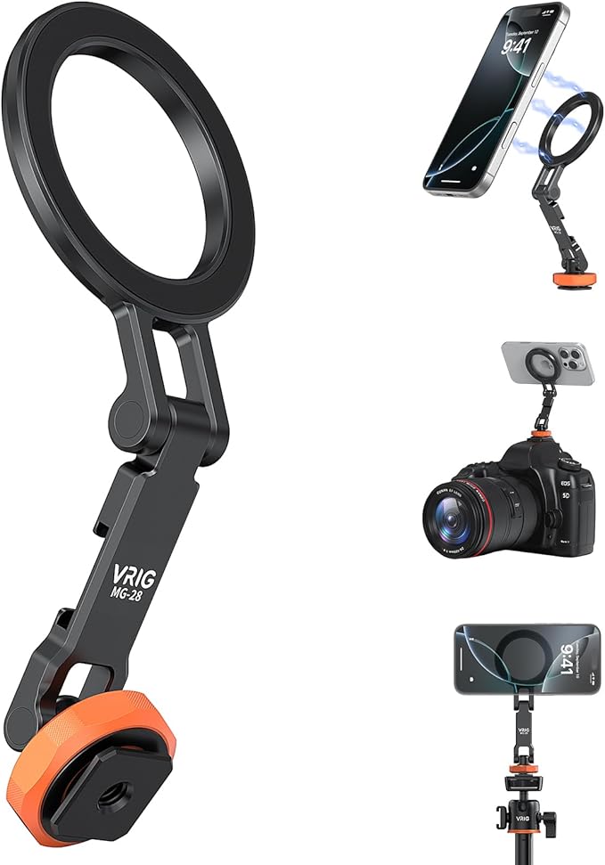 VRIG MG-28 Magnetic Phone Tripod Mount,1/4" Thread Cold Shoe 360° Rotation,for iPhone17 16 15 14 13 12 Pro All Series,Magnetic Ring Magsafe iPhone Tripod Mount Adapter