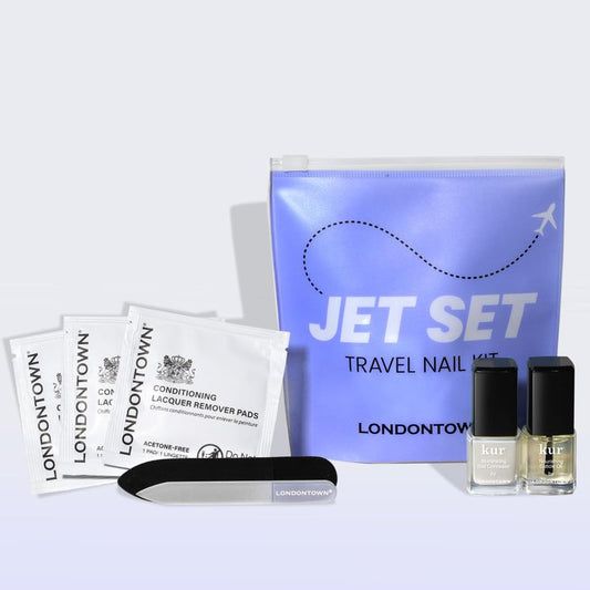 LONDONTOWN Jet Set Travel Nail Kit – Mini Nail Concealer, Cuticle Oil, Remover Pads & Glass File for Healthy, Polished Nails On the Go, No Base or Top Coat Needed