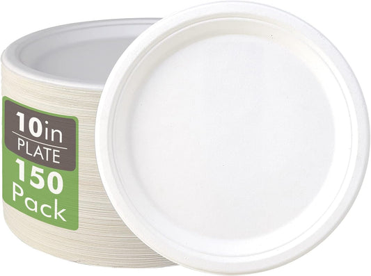 Vplus Compostable Disposable Paper Plates - Super Strong 10.25 Inch, 100% Biodegradable Sugarcane (White)