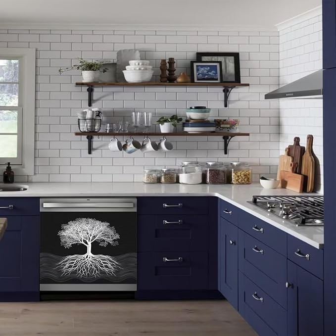 Tree of Life Dishwasher Magnet Cover, Retro Black Dishwasher Panel Decal Kitchen Refrigerator Magnets Decor Dishwasher Stickers for Farmhouse 23" x 17"