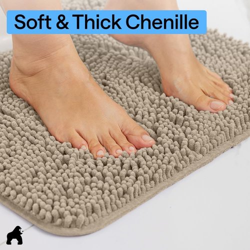 GORILLA GRIP Bath Rug Mat - Thick Absorbent Chenille | Quick-Dry Microfiber 60x17 in Gray Beige