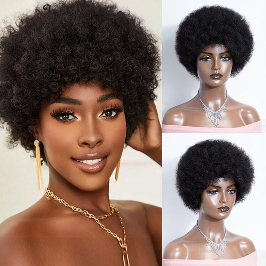 Joedir HAIR Short Afro Human Hair Wigs for Black Women Natural Black Afro Curly Wig Soft and Bouncy Glueless Wig 130% Density (Color: Natural)