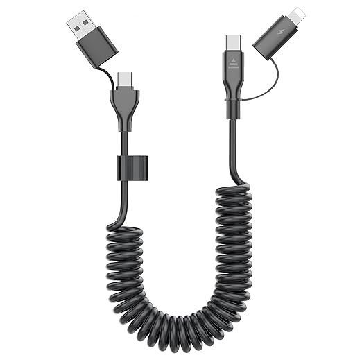 Coiled USB-C and Lightning Cable 2-in-1, 3FT iPhone 15 16 Car Charger Cord, 60W Fast Charging Cable for iPhone 16, Samsung Galaxy Supports Apple CarPlay & Android Auto (Black)