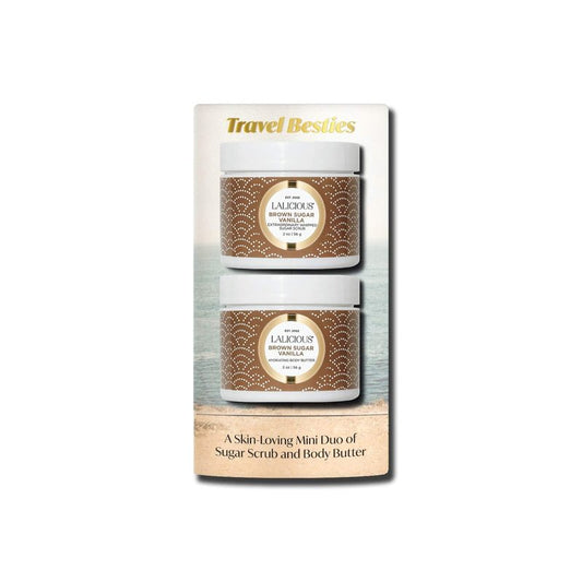 LALICIOUS Brown Sugar Vanilla Travel Besties - 2 Piece Gift Set Includes Travel Size Whipped Sugar Scrub (2oz) & Hydrating Body Butter (2oz) | Moisturize, Hydrate & Nourish Skin