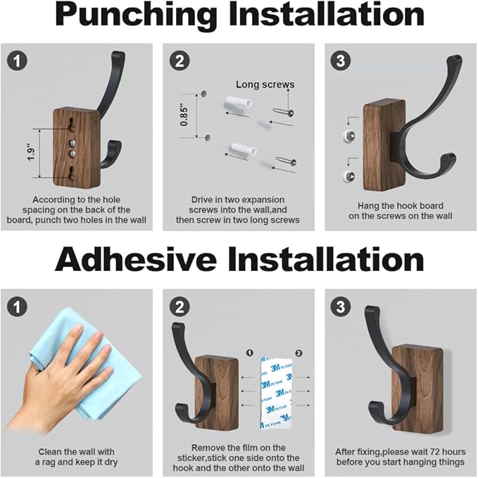 IURRDOP 4 PCS Black Walnut Wood Wall Hooks Adhesive Mounted & Wall Mounted Rustic Decorative Entryway Hooks Mid Century Modern Natural Wooden Pegs for Hanging Coat Clothes Hat Bag Purse and Towel