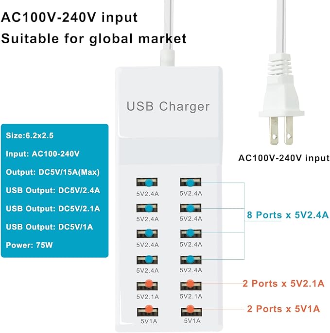 USB Charging Station Wall Charger, Multi-Port Fast Charging Block, Compatible with iPhone, Android Phones, Tablets and Bluetooth Speakers - Compact for Home Office and Travel Use White