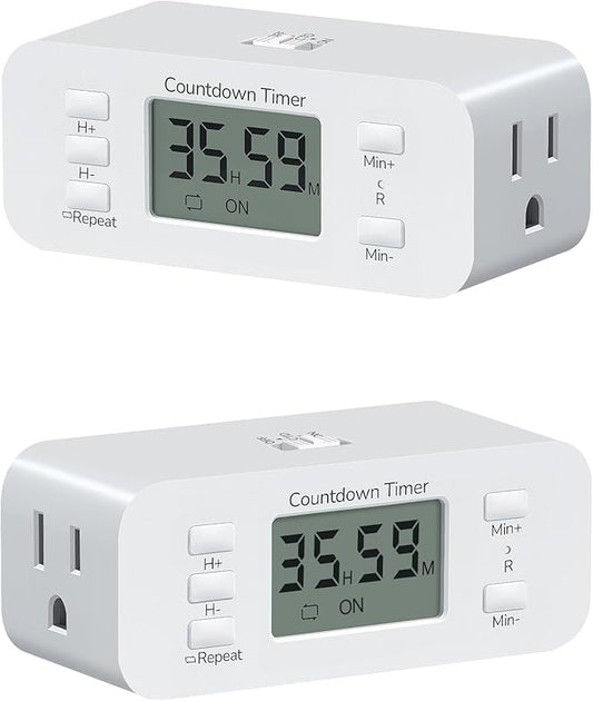 DEWENWILS 2 Pack Indoor Countdown Timer Outlet, Timers for Electrical Outlets Indoor, Large Screen and Repeat Function, Up to 36 Hours, Auto Shut Off for Fan, Lights, Charger, 125V 60Hz
