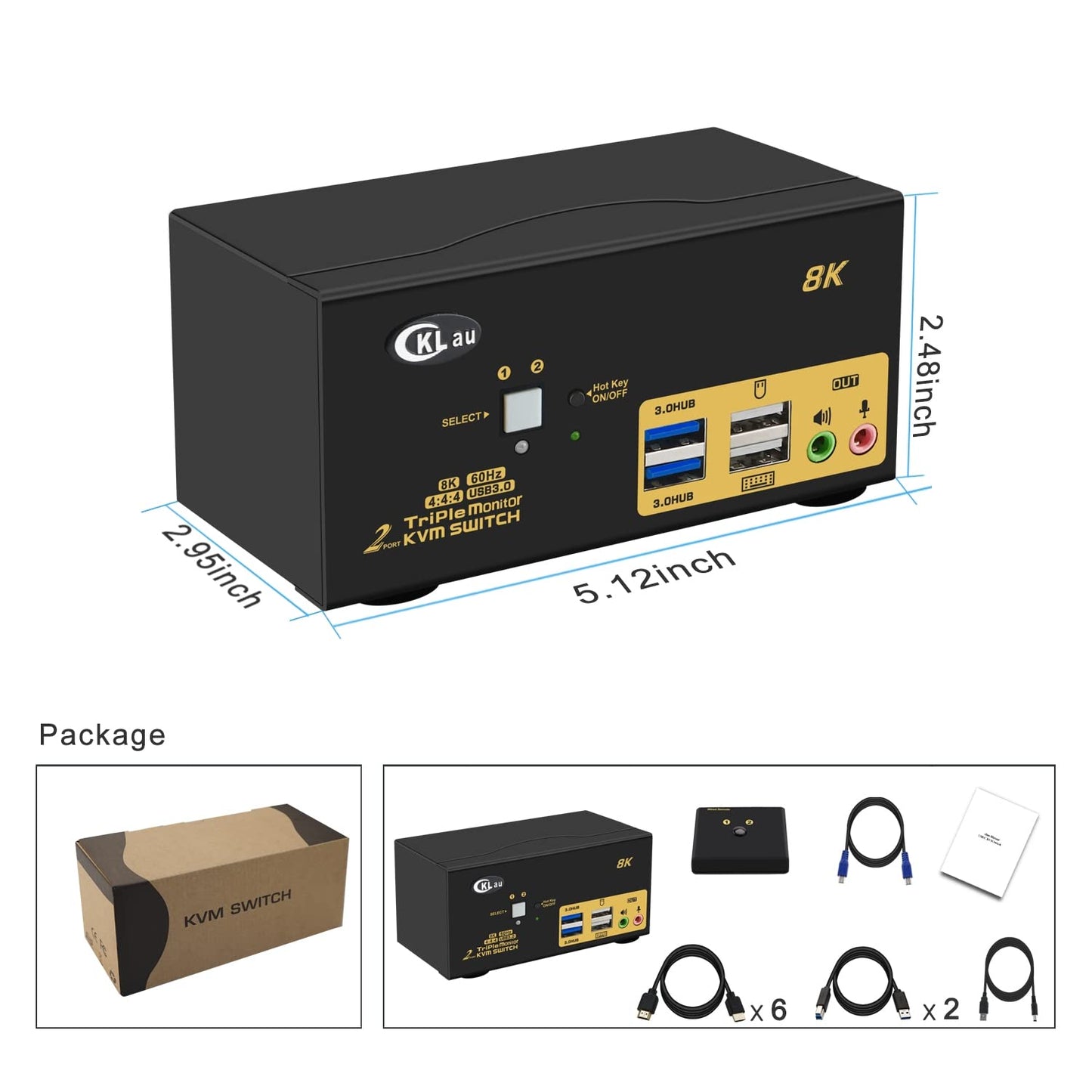 CKLau 2 Port USB 3.0 Triple Monitor KVM Switch HDMI 2.1 8K@60Hz 4K@144Hz with Audio and All Input Cable for 2 Computers 3 Monitors Supports Hotkey Switching