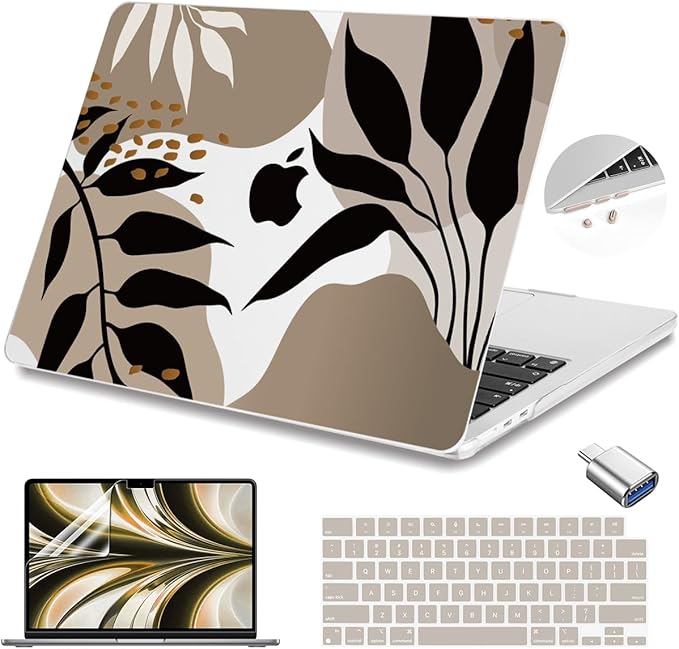 Teryeefi for MacBook Air 13.6 inch Case M5 M4 M2 M3 (2022-2026 Release) A2681 A3113 A3240 A3449, Plastic Hard Shell with Screen Protector & Keyboard Cover & USB 3.0 Adapter, Abstract Tropical Leaves