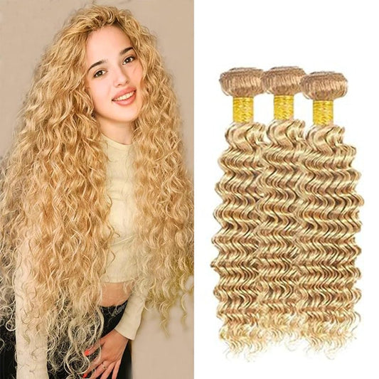 Ombre Highlight Deep Curly Bundles Human Hair Honey Blonde Loose Deep Wave Bundles P27/613 Human Hair Bundles Double Weft Tow Tone Silky Soft and Silky for Black Women 8 10 12 Inch