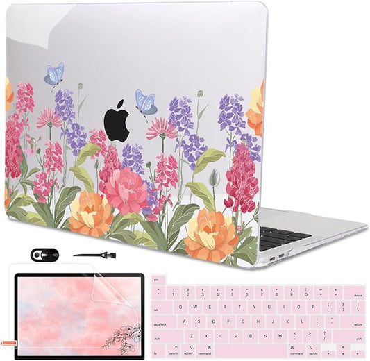 LCMOCICO for MacBook Pro 13 Inch Case 2022 2021 2020 Release A2338 M2 M1 A2251 A2289, Plastic Hard Shell Case for MacBook Pro 13.3 inch with Touch Bar & Touch ID, Pink & Purple Flowers