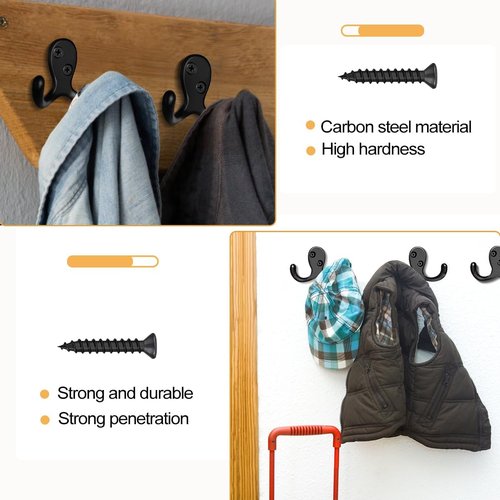 CBWLWJ Heavy-Duty Double Prong Coat Hooks - 10 Pack Wall-Mounted Metal Hooks for Home Use (Black)