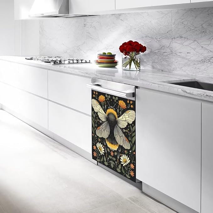 Flower and Bee Wallpaper Dishwasher Magnet Cover Sticekr,Refrigerator Magnet Cover Decal Fridge Microwave Stickers Kitchen Decor,23W x 17H inchs
