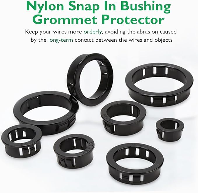 EASYEAH 160 Pcs 6 Sizes Cable Snap-in Knockout Insulating Bushing Grommets Assortment Kit, 5/16, 3/8, 1/2, 5/8, 3/4, 1 Black Nylon Plastic Hole Grommets for Wiring, Wire Cord Hose Tubing Protector