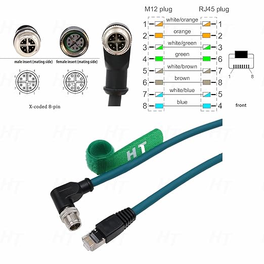 HangTon Ethernet 8 Pin X Coded M12 RJ45 CAT-7e Cable for Cognex Keyence Basler Vision Camera Sensor PLC Router, Right Angle 90-Degree 1m